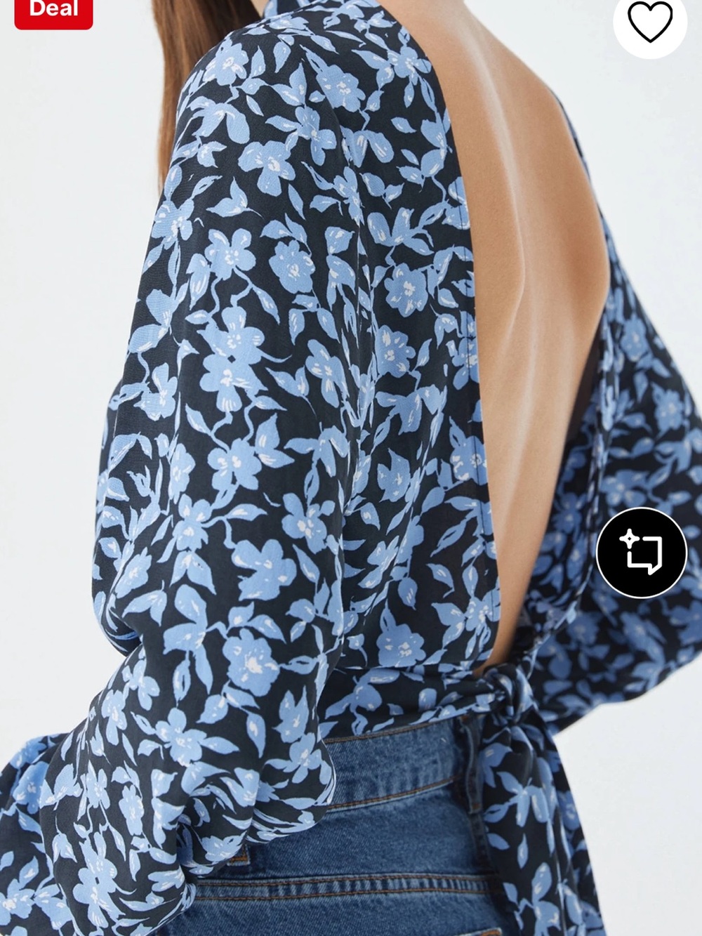 Pull&Bear Black and Light Blue Floral Open-Back Blouse